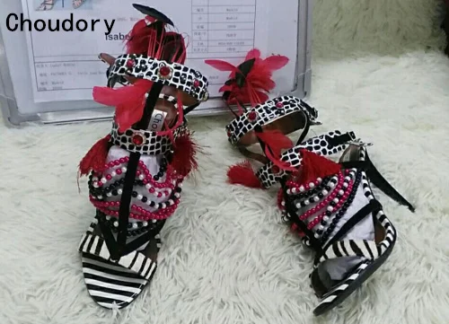 Роскошные Разноцветные сандалии гладиаторы на высоком каблуке с красным