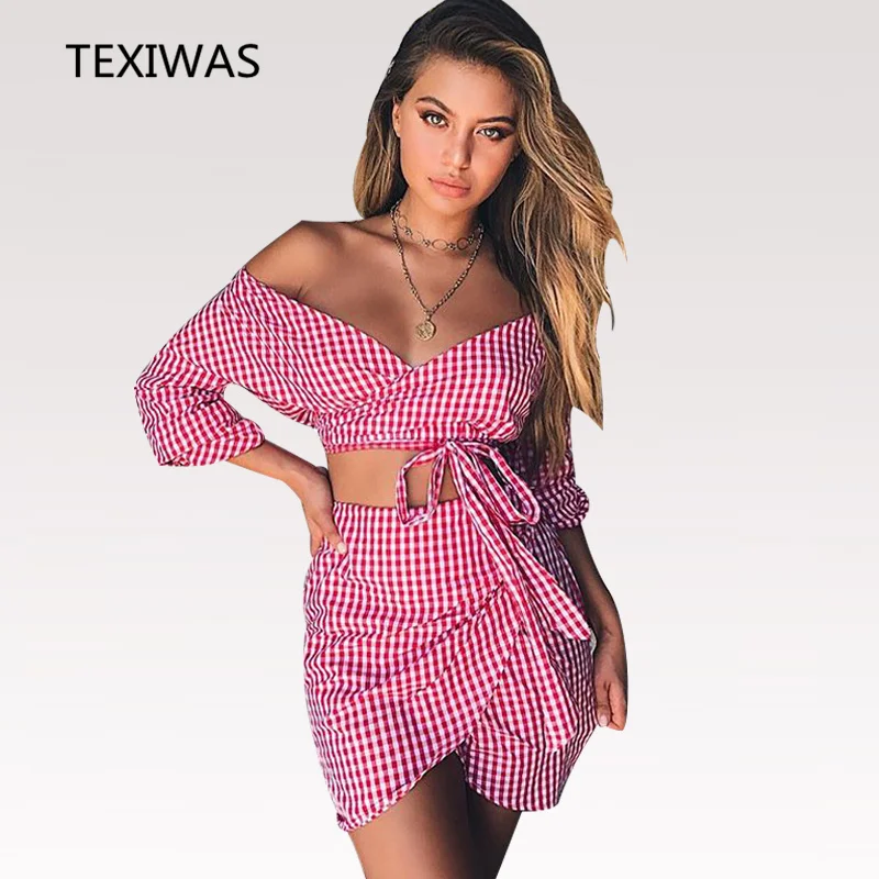TEXIWAS New Tiered Frill Gingham Flower print Off Shoulder Top With Short skirt Summer Ruffle irregular belt Women 2 Piece Sets |