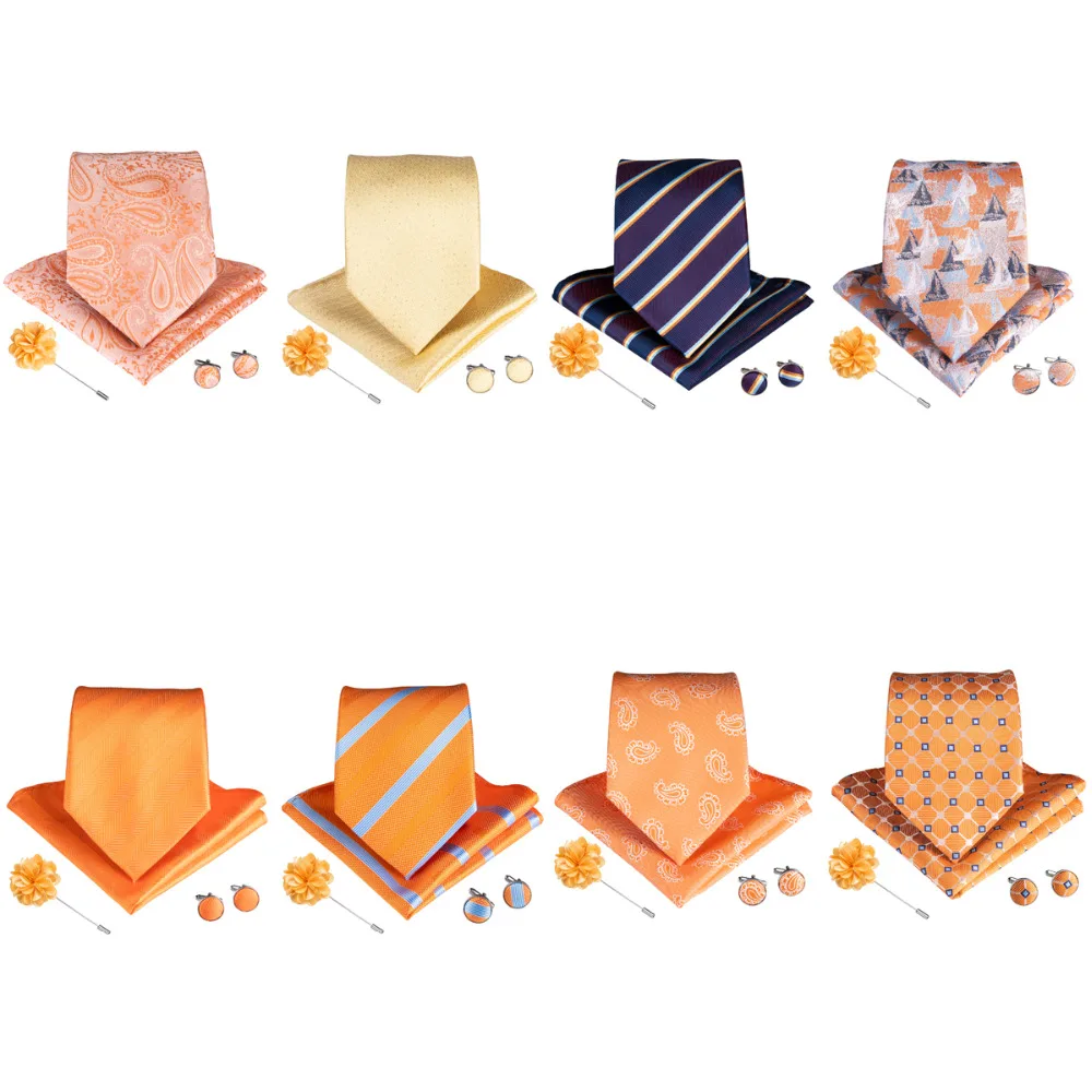

9 Styles Orange Striped Plaids Paisley Men's Ties With Hanky Cufflinks Brooch Silk Tie Jacquard Woven Neckties For Men Wedding