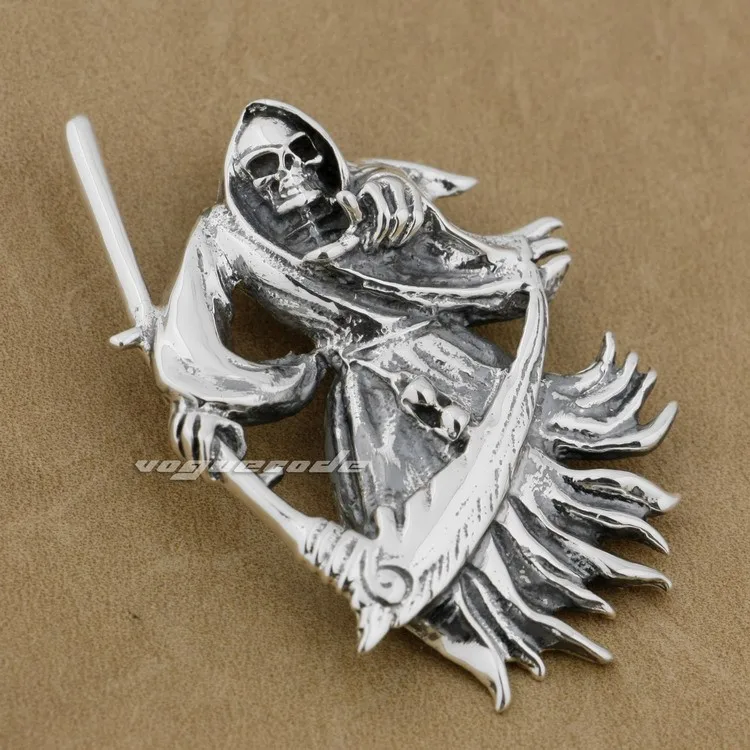 LINSION 925 пробы Серебряный Большой Grim Reaper Scythe Death мужской Байкер в стиле рок панк кулон 9H012