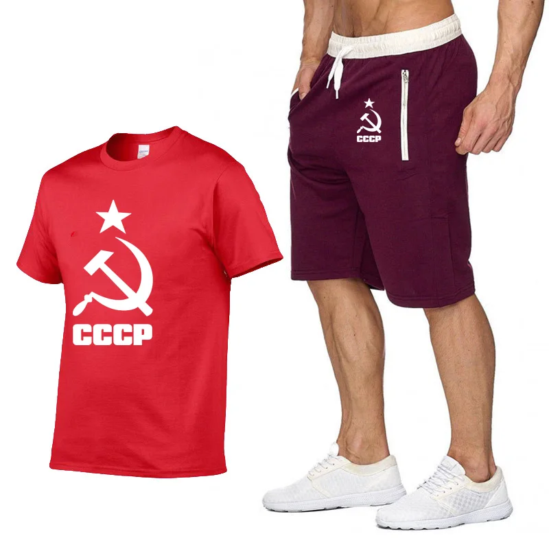 

Summer Fashion T Shirts Men CCCP Russian USSR Soviet Union Man Short sleeve Moscow Russia Casual Cotton Mens TShirts+shorts suit