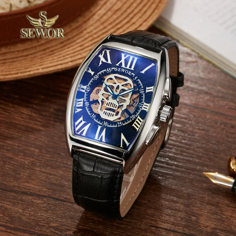 

SEWOR Top Luxury Brand Fashion Barrel Type Leather Watch band Mens Automatic Mechanical Watch Sport Watches