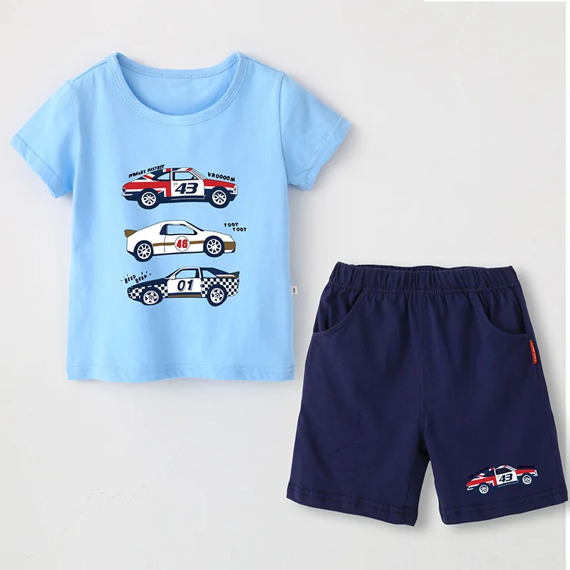 Summer New Kids Clothes Boys Cartoon Car Tops Short Sleeve T-shirt With Casual Shorts Tracksuit 2pcs Outfits Set |
