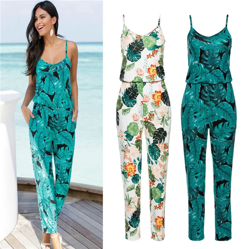 Women's Beach Leisure V-neck Sling Print Siamese Pants Jumpsuits Женская одежда