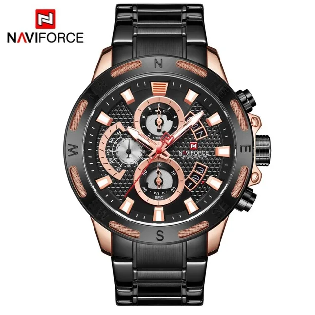 black NAVIFORCE водонепроницаемые мужские часы из нержавеющей стали Кварцевые часы мужские Хронограф военные часы наручные часы Relogio Masculino - Цвет: black