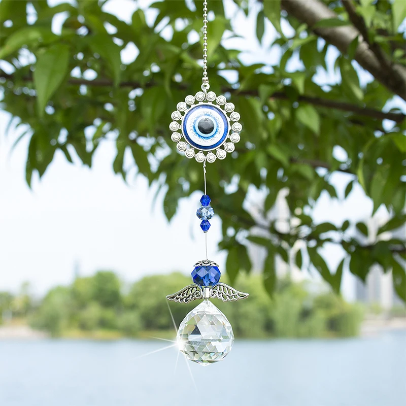 

H&D Crystal Angel Suncatcher with Fengshui Turkish Blue Evil Eye Home Decor Protection Blessing Housewarming Birthday Charm Gift