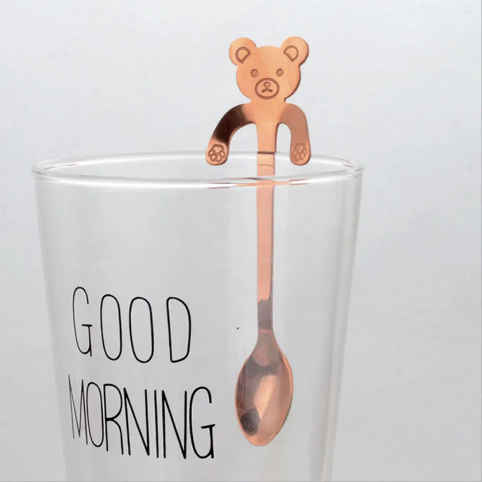 bear rose gold Новинка,, милая кофейная ложка с котом и медведем, 304, подвесная ложка из нержавеющей стали, креативные питьевые чайные ложки, ложка для мороженого, десерта, чайная ложка, длинная - Цвет: bear rose gold