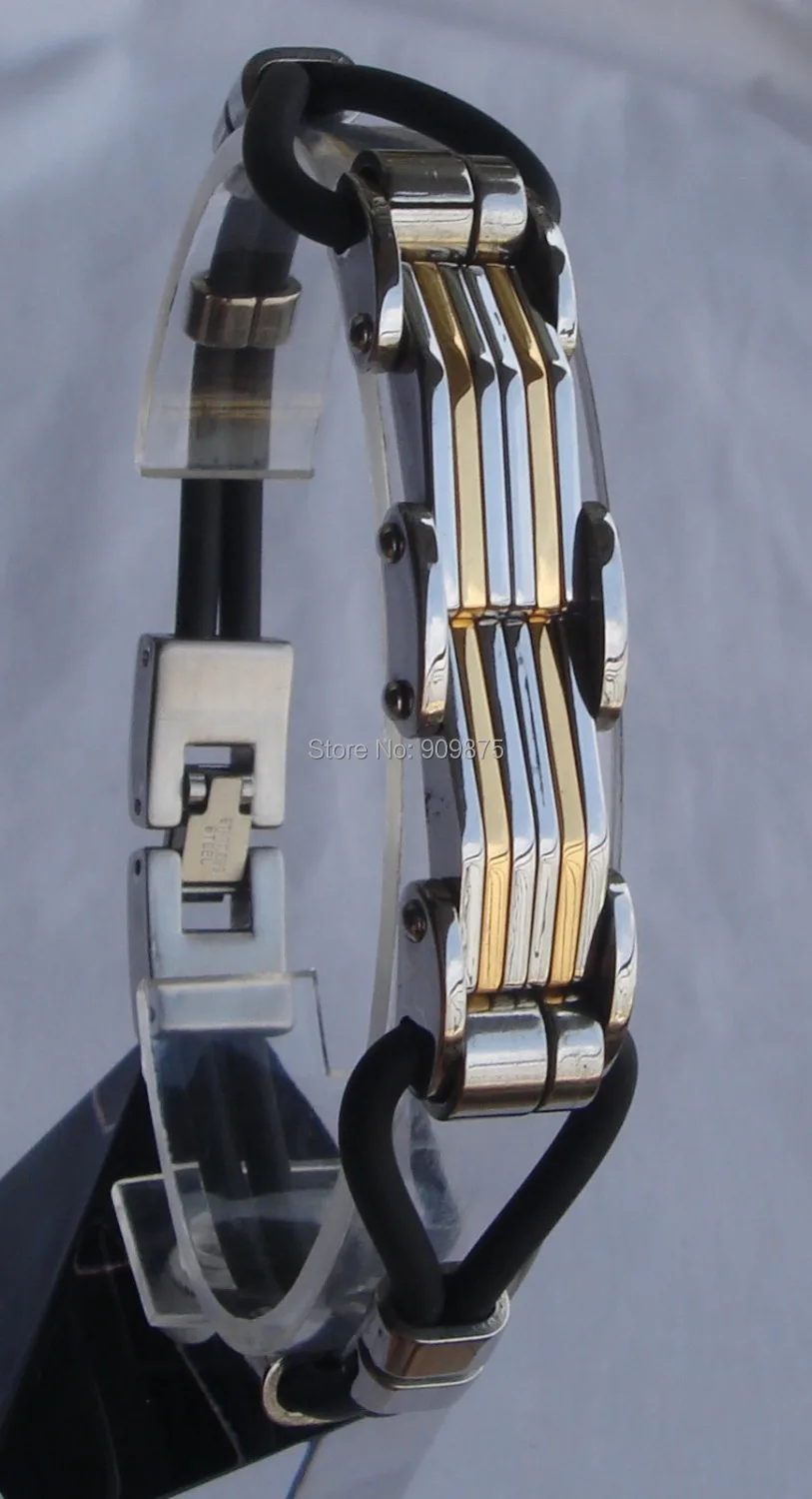 

cool 2tone gold plating black rubber men/boy's stainless steel chain bracelet men jewelry bracelets bangles & punk