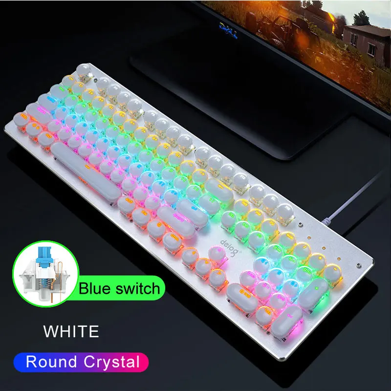 Round crystal white Новая Механическая клавиатура USB Проводная анти-ореолы синий переключатель металлическая панель красочная игровая клавиатура с подсветкой - Цвет: Round crystal white