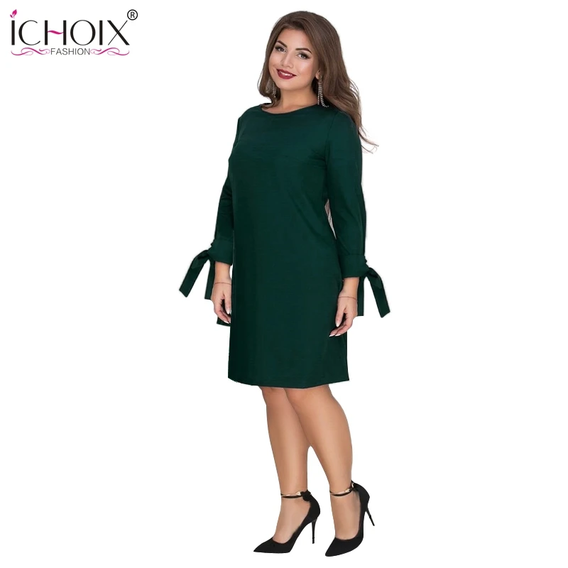 Женское офисное платье ICHOIX повседневное элегантное зеленого цвета с длинным