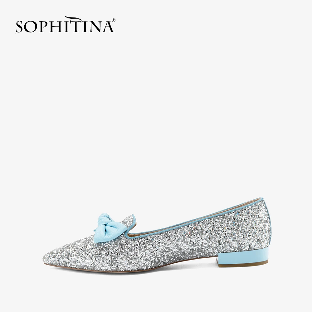 SOPHITINA/Модные женские кожаные туфли на плоской подошве с острым носком, украшенные блестящими бабочками, без застежки Классические Вечерние женские туфли на плоской подошве, P105