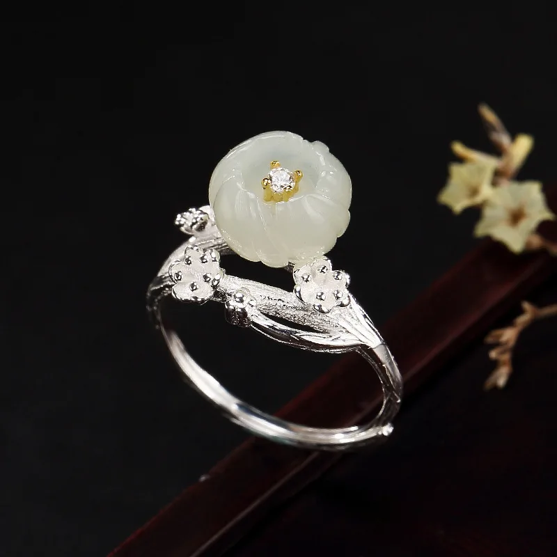 S925 pure silver natural Hetian white saic plum blossom lady high-end open ring | Украшения и аксессуары