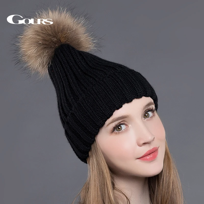 

Gours Women's Wool Raccoon Fox Fur Hats Winter Warm Fashion Knitted Pom Poms Beanies Ladies High Quality Casual Caps New Arrival