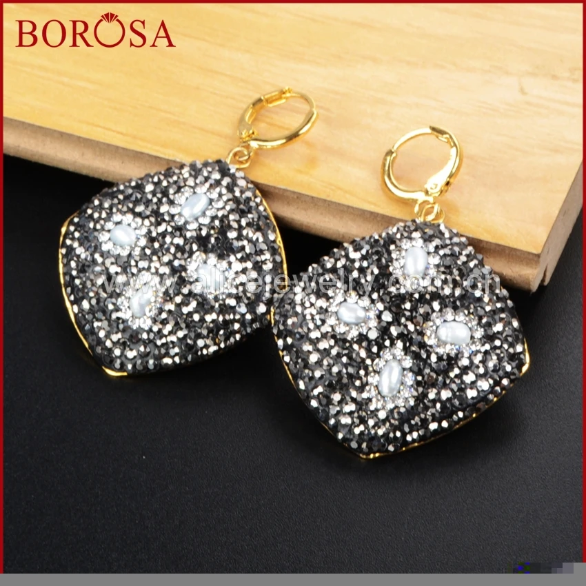 Borosa Мода Drusy камни Серьги для Обувь девочек золото/серебро Цвет ромб Длинные