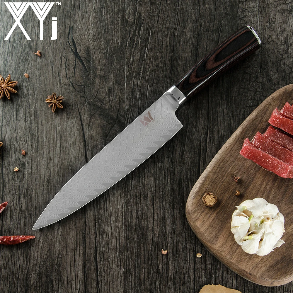 XYj 8 дюймов дамасский нож для Сталь Кухня Ножи Цвет лес не скользит изогнутая