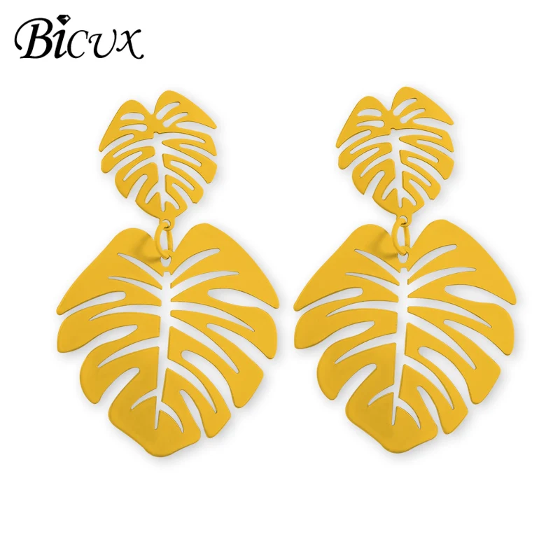 Yellow 2 BICUX серьги-капли в виде большого листа для Женщин, Модные Винтажные геометрические желтые зеленые длинные полые металлические серьги, ювелирное изделие - Окраска металла: Yellow 2