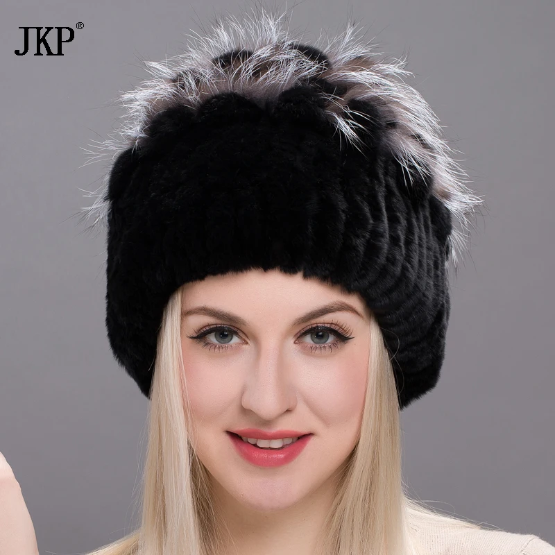 Новый Для женщин кролик меховая шапка с лисьим мехом Швейные цветок голову ремни