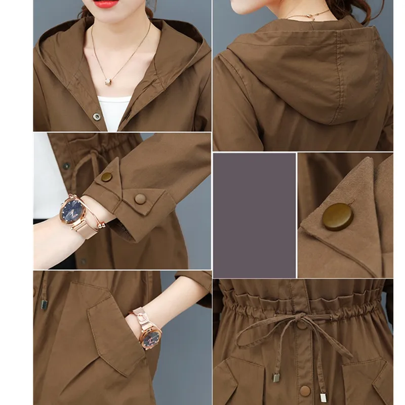 

Mid-length Women Hooded Coat Spring Elegant Slim Windbreaker Solid Casual Long-sleeved Female Thin Trench Coat Plus size 3XL