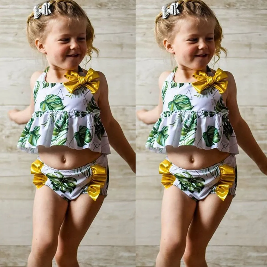 

Children Swimwear Girls Beachwear Bathing 2Y-6Y two piece swimsuit for girls Floral Printed Bow Bikini Beach Set L523