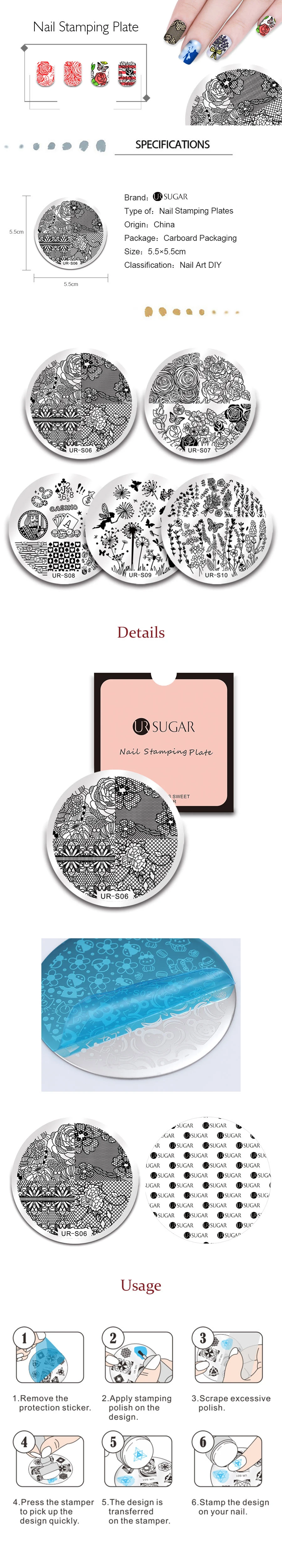 Ur Sugar круглая штамповочная пластина Лаванда Цветок Одуванчика Эльфин бабочка элегантный кружевной шаблон розы трафарет маникюрная пластина для ногтей