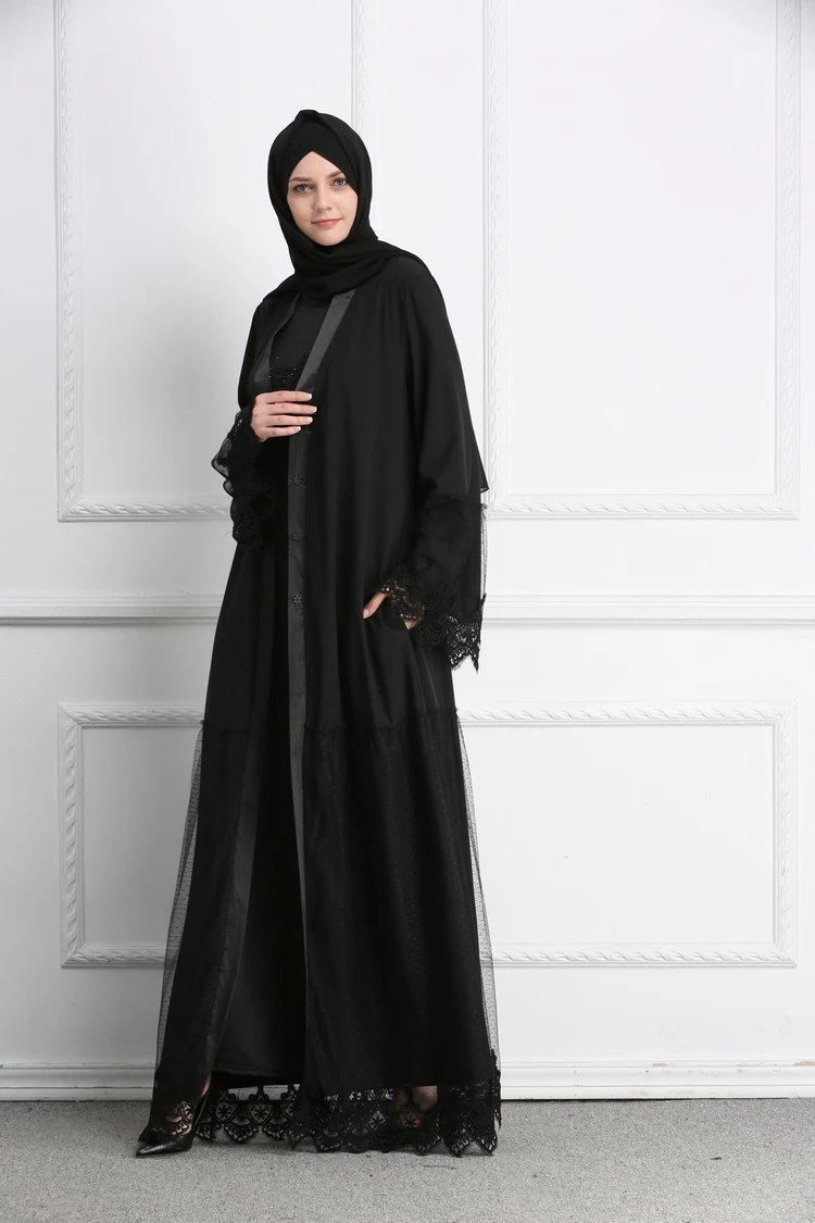 Muslim Lace Abaya Grenadine Black Full Dresses Cardigan Kimono Long Robe Gowns Jubah Middle East Ramadan Arab Islamic Clothing |