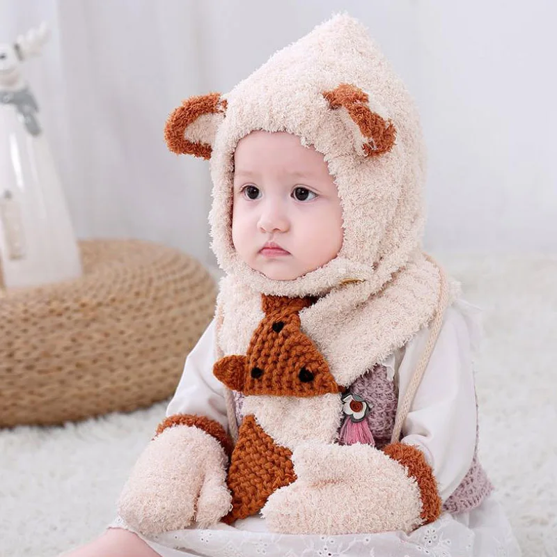 6 months to 3 Years old cartoon fox beanies hats sets wool kids soft winter 3 pcs baby boys girl scarf hat glove set