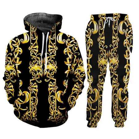 hoodie sets05 Новинка, толстовка с капюшоном в стиле барокко+ штаны для бега, комплект из 2 предметов, роскошный 3D Королевский золотой цветочный принт, унисекс, топы и штаны, комплекты - Цвет: hoodie sets05