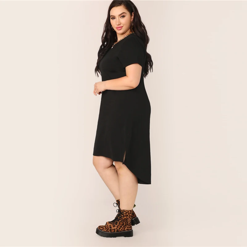 SHEIN, платье-туника размера плюс, черное, с разрезом, с высоким-низким подолом, однотонное,, женское, летнее, повседневное, с разрезом, прямое, плюс платья