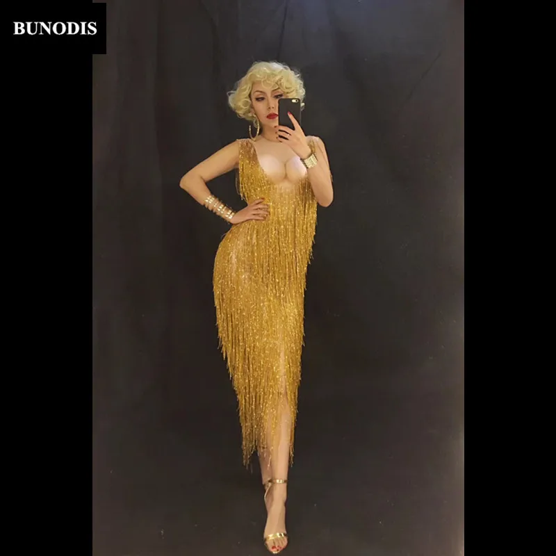 ZD142 Gold Long Tassel Women Sexy Bodysuit Stage Wear Costume Nightclub Party Show Jumpsuit Dancer Singer Clothing