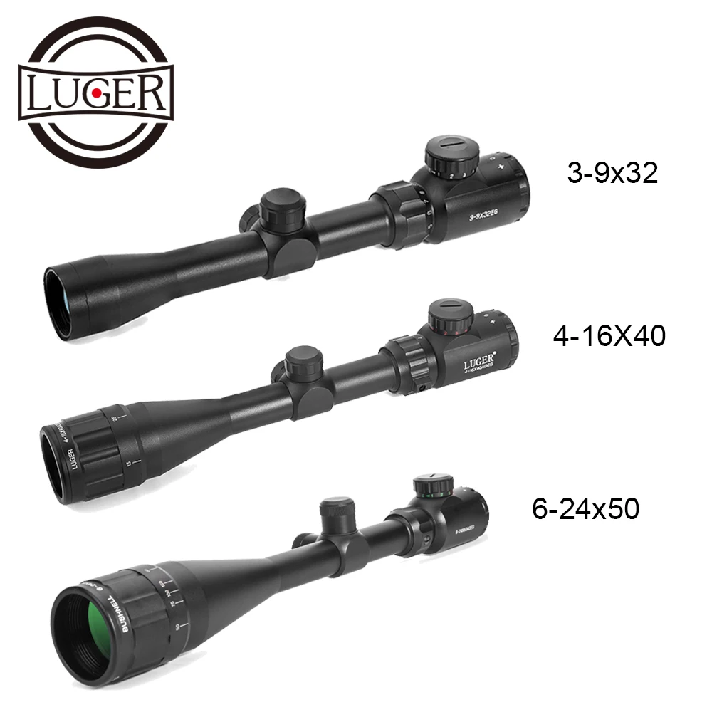 LUGER 3-9x32 охотничьи прицелы 4-16x40 тактический Красный Зеленый с подсветкой Оптика прицел 6-24x50 страйкбол Воздушный пистолет прицел