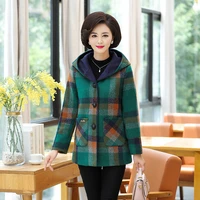 new lattice hooded woolen coat large size middle age clothing autumn winter fashion tops long sleeve warm ladies coats 5xl 2289