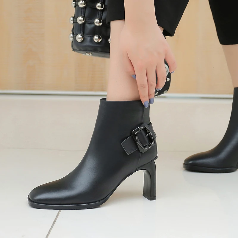 

ISNOM Cow Leather Boots Women Ankle Boots Square Toe High Heels Shoes Female Buckle Party Shoes Ladies Zip Shoes Winter 2020