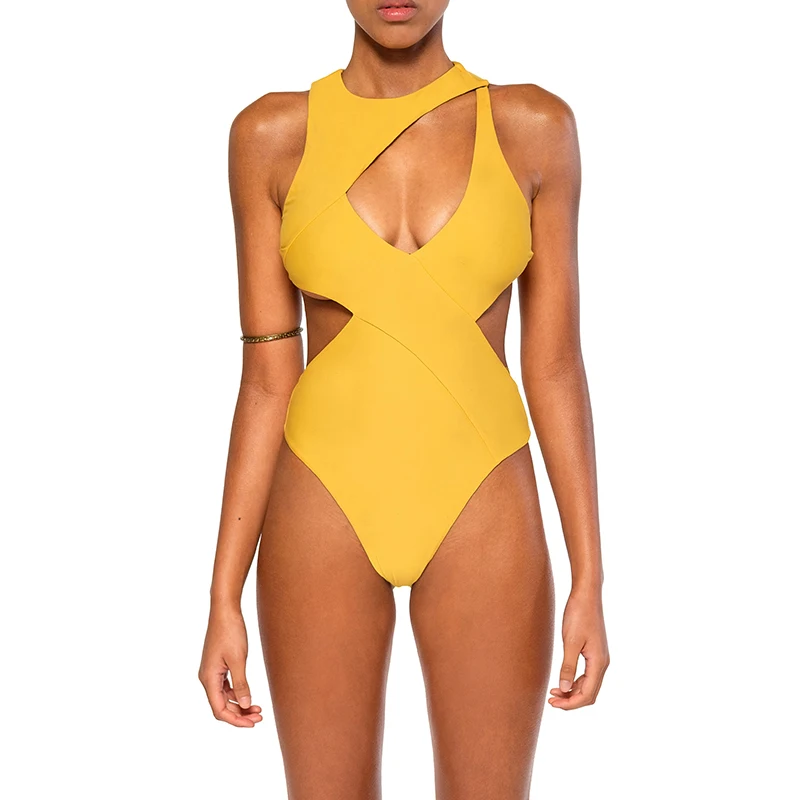 Женский купальник на молнии Одноцветный с треугольной талией монокини