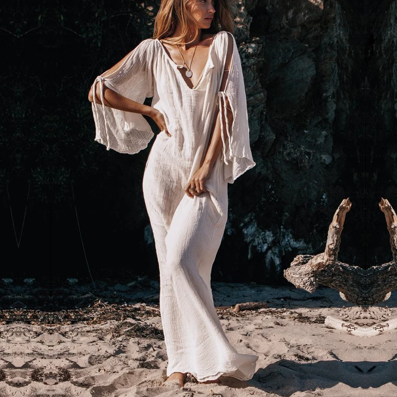 Летнее женское платье 2019 богемное Свободное длинное с v образным вырезом и бантом