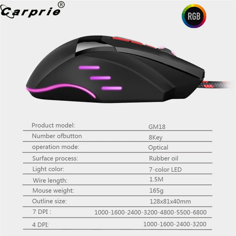 

CARPRIE 1pc Ergonomic Wired Gaming Mouse 6800DPI 7Gears Optical Game Mice for Computer Gamers PC Laptop 90422
