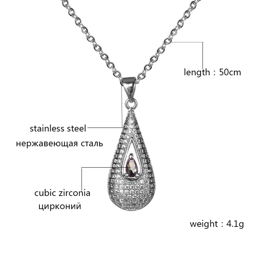 SAUVOO 1Pcs/lot Micro Pave CZ Water Drop Pendant Necklace For Women Stainless Steel Statement Chain BFF Gifts | Украшения и