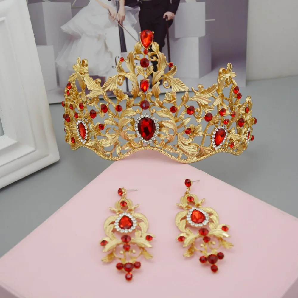 SLBRIDAL Gorgeous Baroque Style Gold Leaf Red Green Crystal Wedding Tiara Crown Earring Set Pageant Bridal Queen Princess | Украшения и