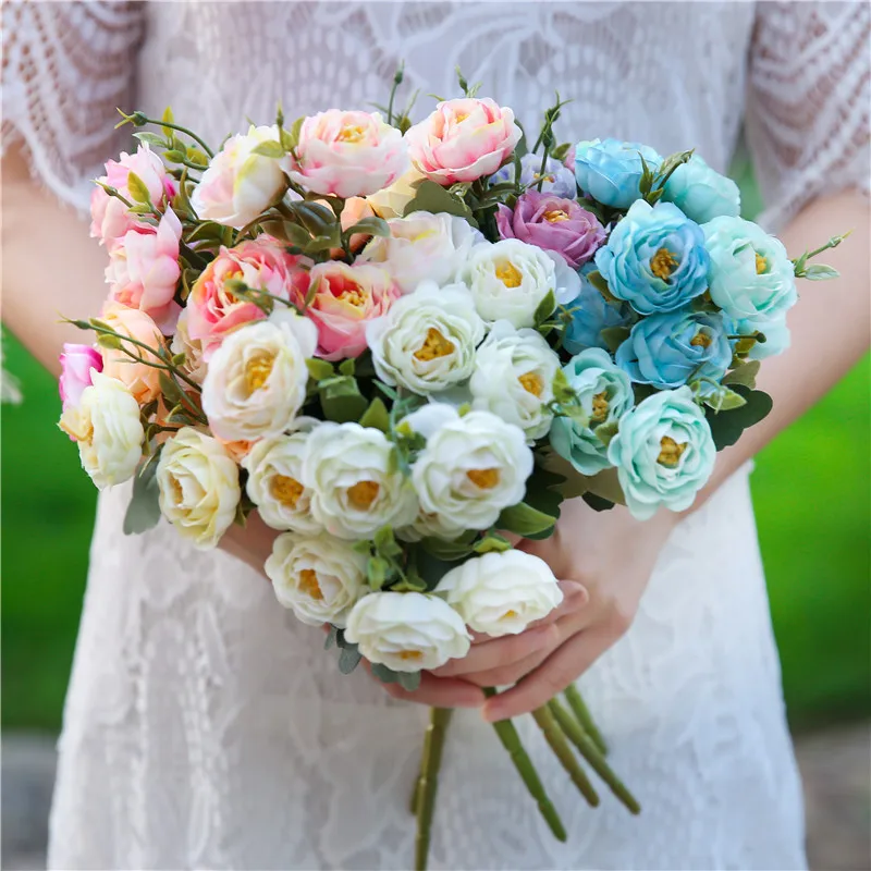 

3pcs/lot artificial tea rose European style autumn colors silk fake flower bouquet wedding decoration for home hotel diy decor