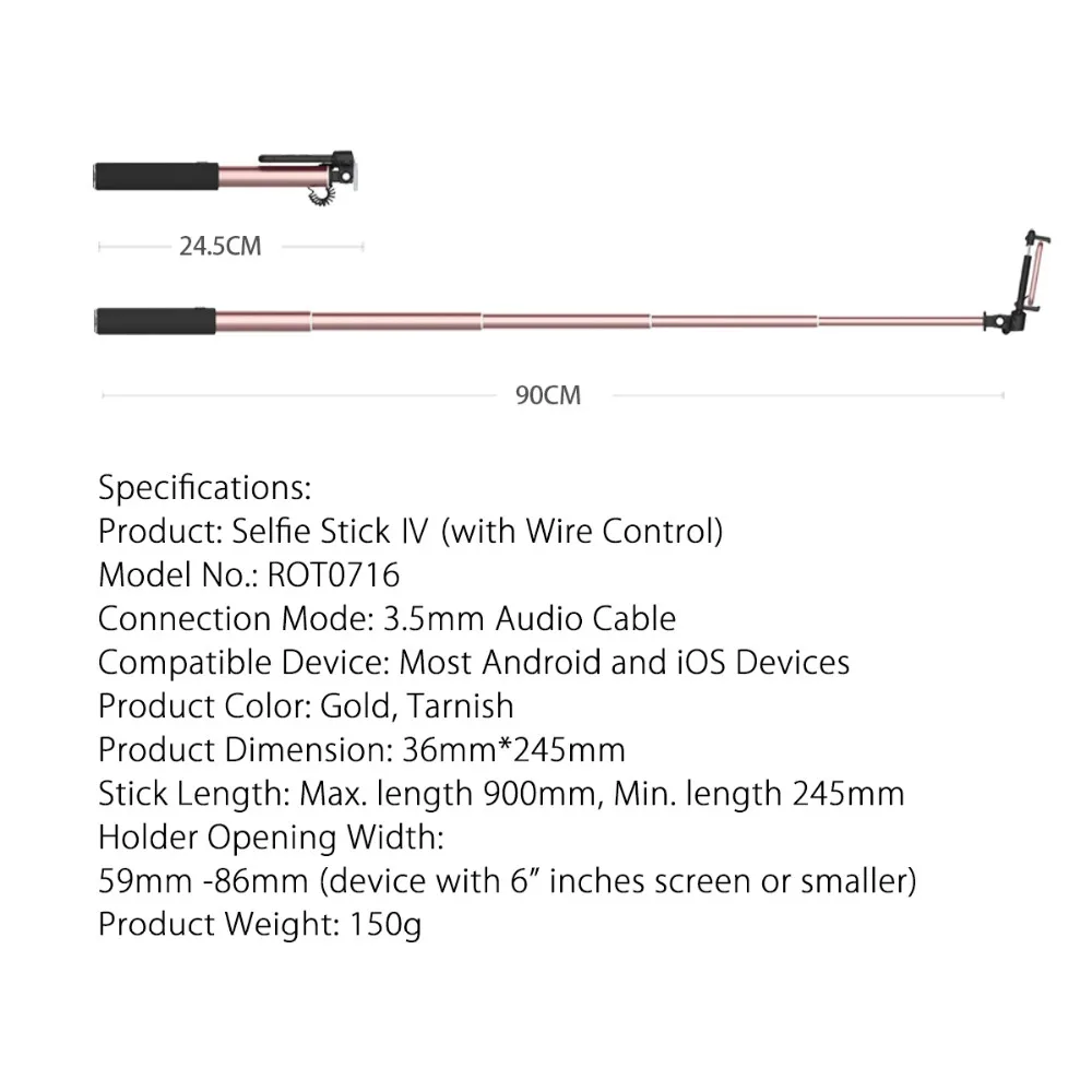 В продаже Rock Monopod 3,5 мм проводное управление универсальные мини селфи палки для iPhone/amsung/LG/huawei/Xiaomi IOS Android телефонов