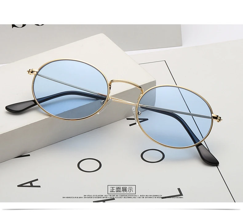 C3 gold blue Маленькие овальные солнцезащитные очки для женщин, металлическая оправа, желтый, красный, фиолетовый цвет, винтажные женские и мужские солнцезащитные очки, круглые, прозрачные линзы, солнцезащитные очки, милые, сексуальные - Цвет линз: C3 gold blue