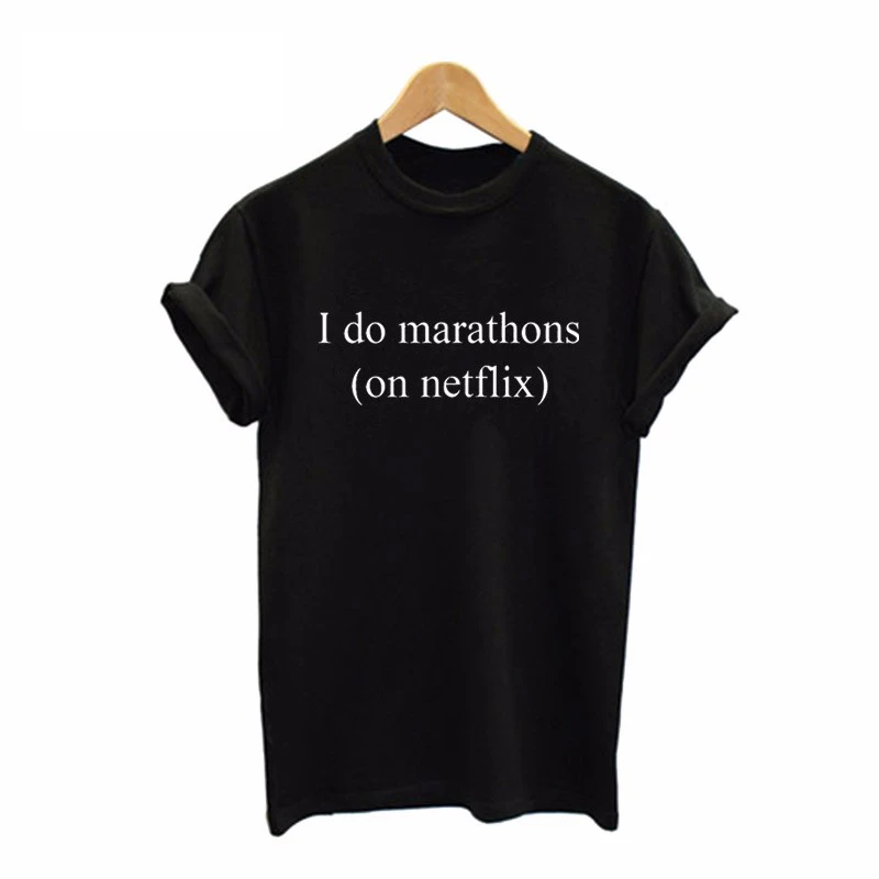 Женская летняя футболка с надписью I Do Marathons on Netflix белая забавным коротким