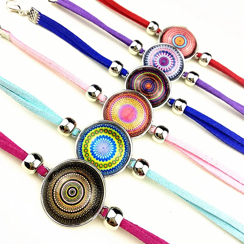 

24pcs Mandala Flower Bandanna Paisley Art Glass Round Dome Ancient silver Charm bracelet for girls women party gift
