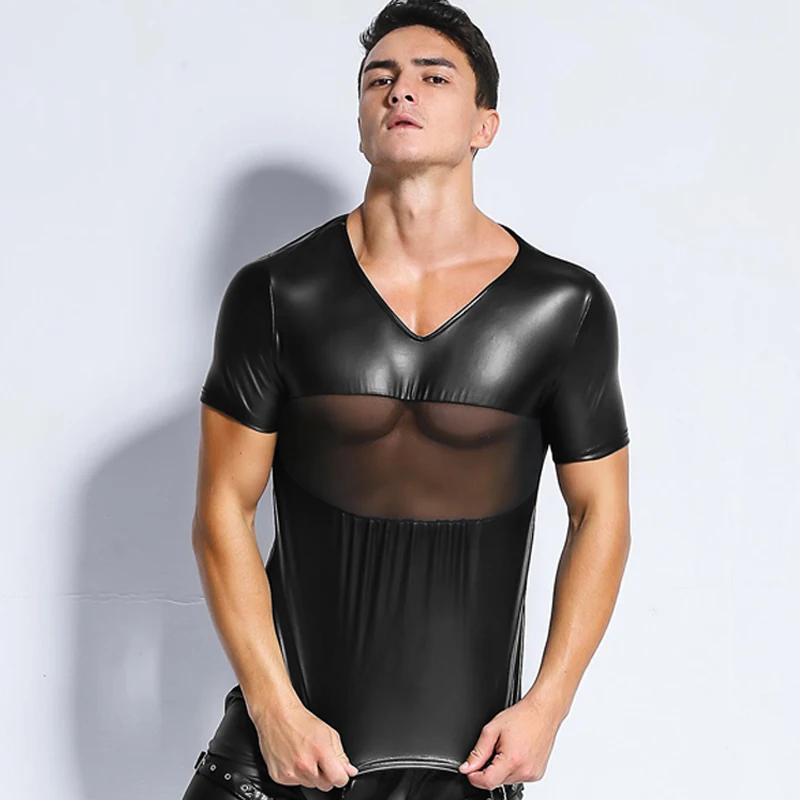 

Men's Sexy Lingerie Teddy Top PVC Erotic Patchwork Mesh Sexy Latex Hot Night Club Transparent Gay Man Shirt Plus Size Tops Only