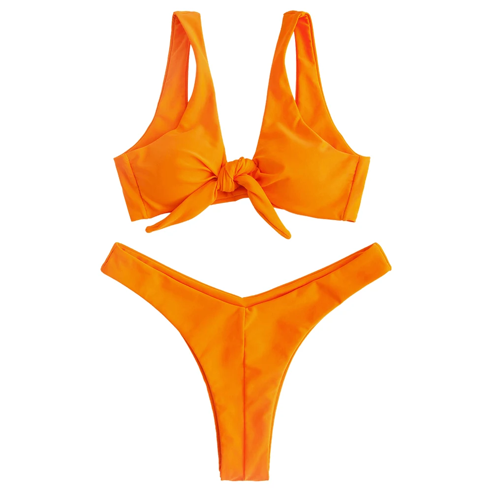 Tangerine ZAFUL завязанные узлом мягкие стринги бикини купальники для женщин средняя талия сплошной совок шеи бразильский купальник пляжная одежда купальный костюм Femme - Цвет: Tangerine