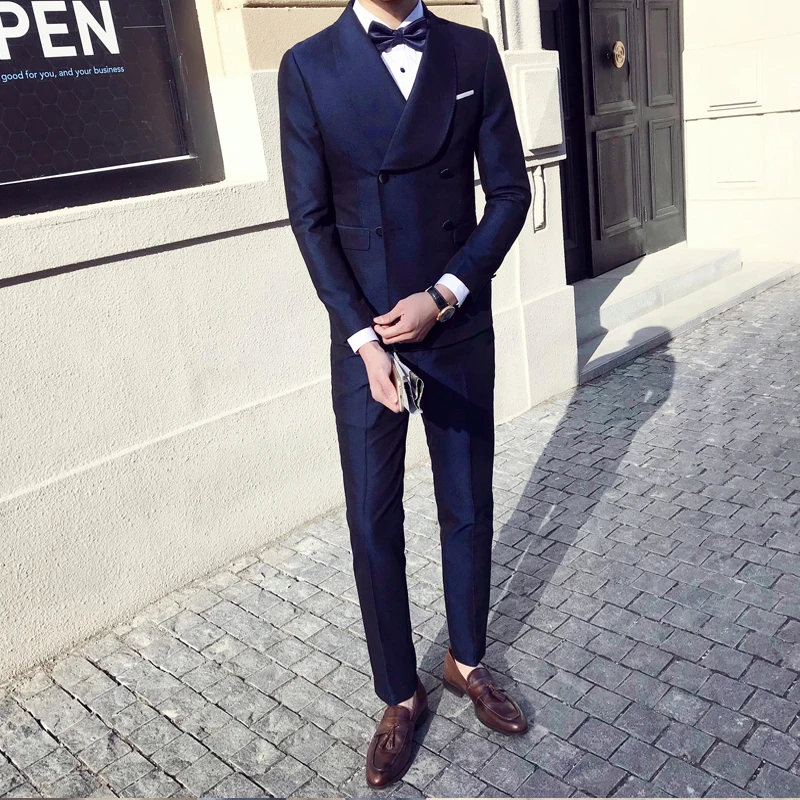 ( Jacket + Vest Pants )2019 Mens Large Lapel Double-breasted Slim Formal Gown Set Boutique Groom Suit Men's Wedding Stage | Мужская
