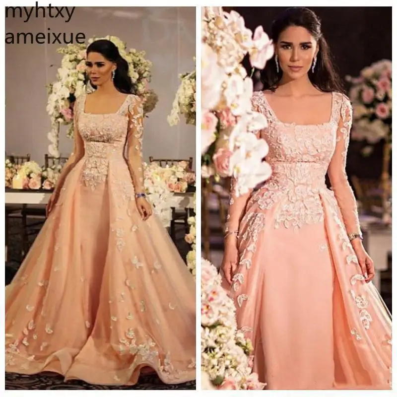 

Long Sleeves Prom Dresses For Women Lace Applique Formal Evening Dressess Square Zipper Plus Size Party Gowns Robe De Soiree