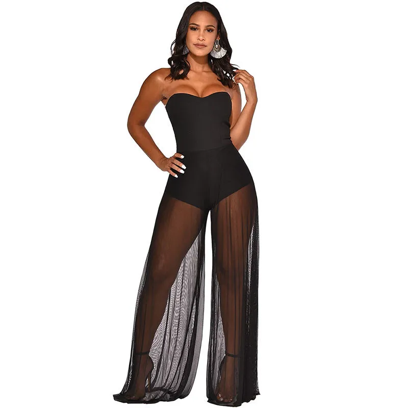 Женский комбинезон с широкими штанинами из прозрачной сетки без бретелек