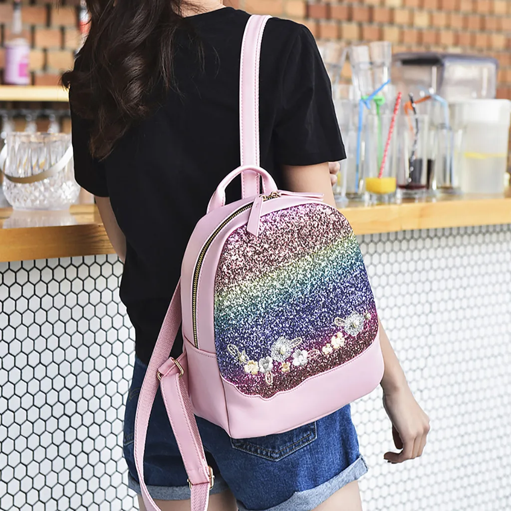 

Women Flower Sequin Backpacks Bags Woman Small Shoulder Bag Fashion Casual Wild Schoolbags New Leather Travel Backpack For Girls
