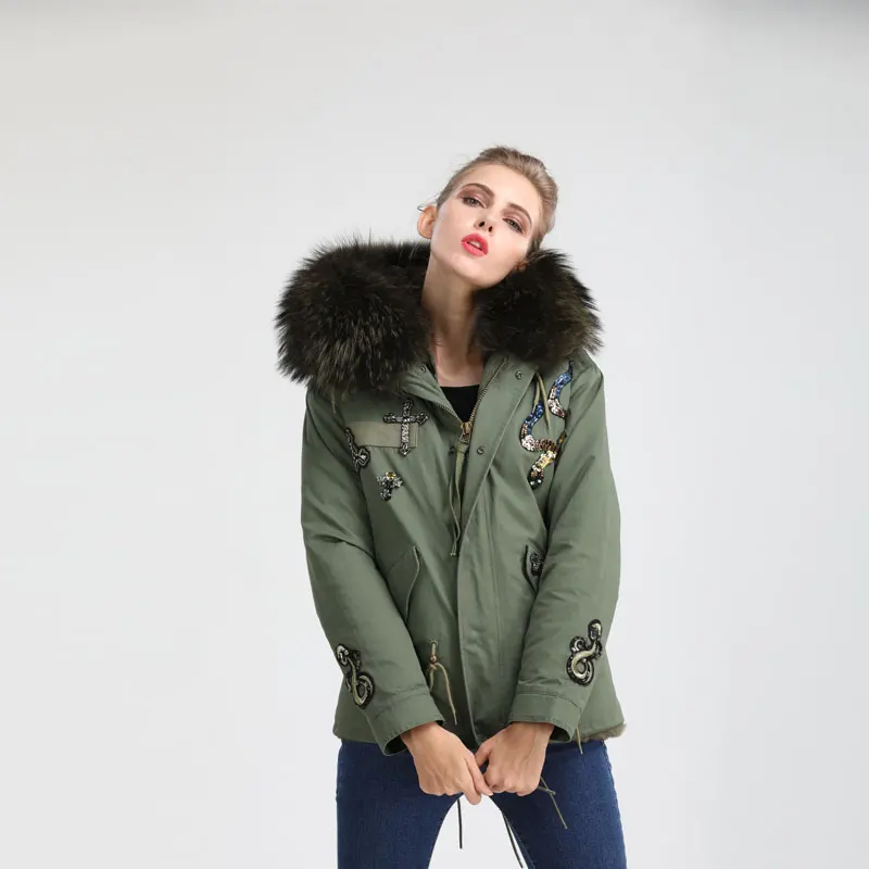 

Casual Winter Army Green Beads Short Fur Jacket,MR MRS Couple Thickness Faux Fur Lined Outerwear