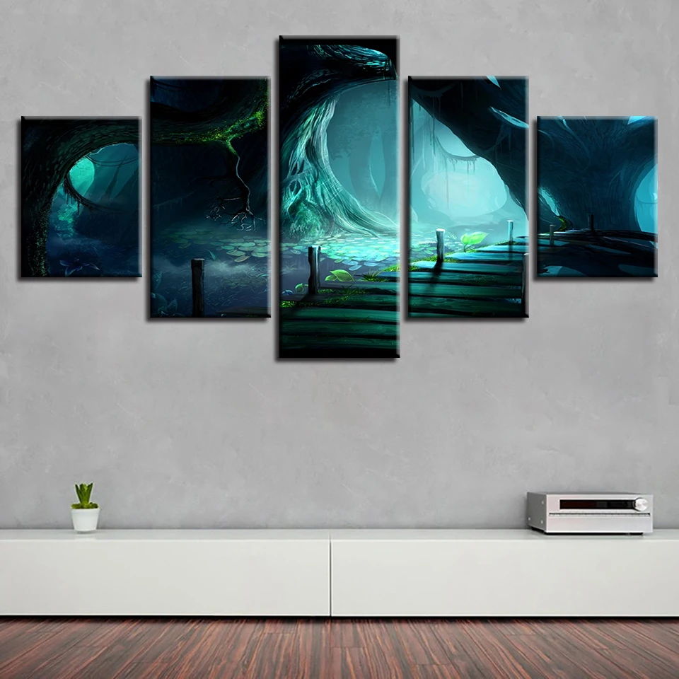 Холст Картины Wall Art рамки 5 шт. яма для посадки деревьев мост озеро фотографии